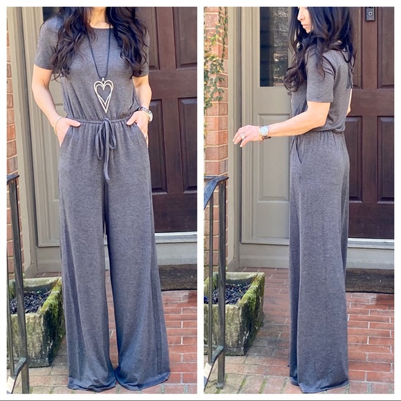 CHARCOAL FABULOUS WIDE LEG SIDE POCKETS JUMPSUIT - Picture 4 of 6